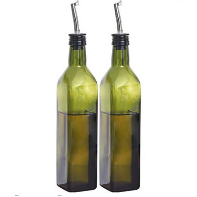 Bouteille d'huile de cuisine vert foncé en verre avec tuyau d'acier inoxydable