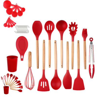 Ensemble d'ustensiles de cuisine en silicone de 33 pièces avec une spatule antiadhésive et une poignée en bois