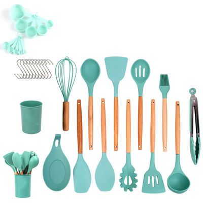 Ensemble d'ustensiles de cuisine en silicone de 33 pièces avec une spatule antiadhésive et une poignée en bois