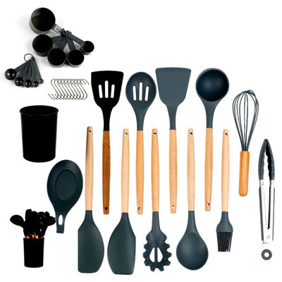 Ensemble d'ustensiles de cuisine en silicone de 33 pièces avec une spatule antiadhésive et une poignée en bois
