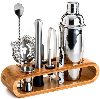 Conception minimaliste 10 en 1 Cocktail Shaker en acier inoxydable avec support en bois 750 ml
