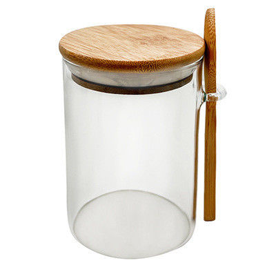 Récipient de stockage de nourriture en verre transparent avec conception fonctionnelle et couvercle rond en bambou