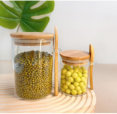 Récipient de stockage de nourriture en verre transparent avec conception fonctionnelle et couvercle rond en bambou