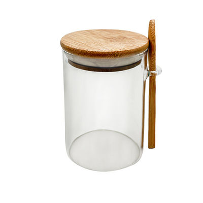 Produits alimentaires Bouteilles de bambou en verre rond avec couvercle et cuillère Bonbons Épices Grains de café Noix Cookies