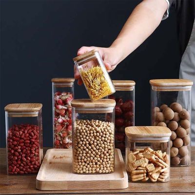 Conteneur de stockage alimentaire de design moderne avec couvercle en bois de bambou 300 ml 500 ml pot en verre épicé