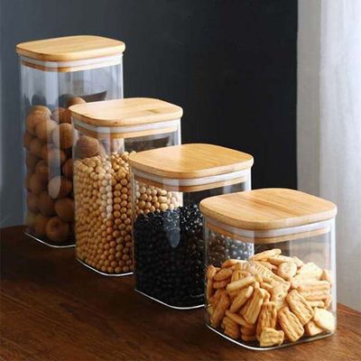 Conteneur de stockage alimentaire de design moderne avec couvercle en bois de bambou 300 ml 500 ml pot en verre épicé
