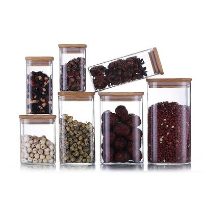 Conteneur de stockage alimentaire de design moderne avec couvercle en bois de bambou 300 ml 500 ml pot en verre épicé