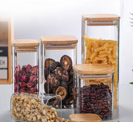 Conteneur de stockage alimentaire de design moderne avec couvercle en bois de bambou 300 ml 500 ml pot en verre épicé