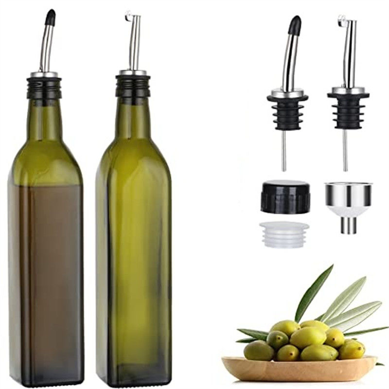 Bouteille d'huile de cuisine vert foncé en verre avec tuyau d'acier inoxydable