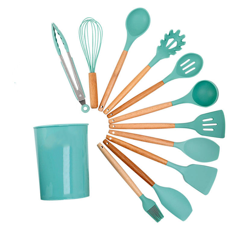 18 pièces de cuisine en silicone vert avec un seau de stockage et une spatule antiadhésive