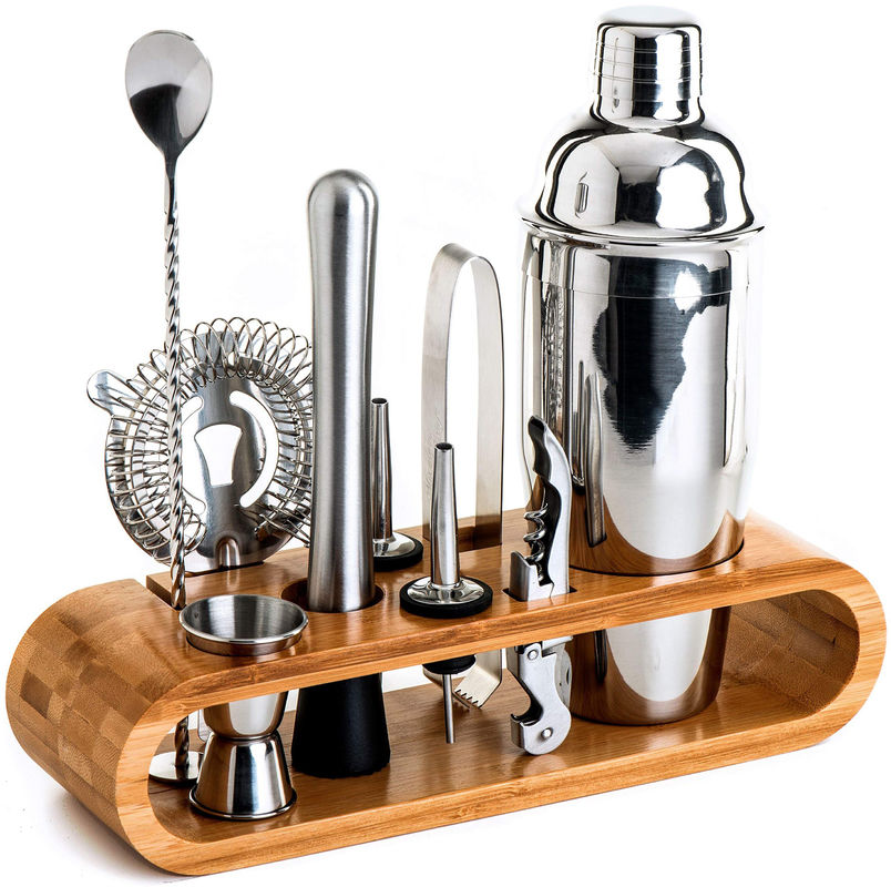Conception minimaliste 10 en 1 Cocktail Shaker en acier inoxydable avec support en bois 750 ml