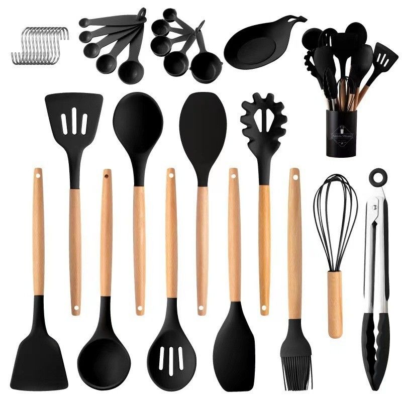 Ensemble de 33 ustensiles de cuisine sans adhésifs avec poêles à frire multicolores et cuillère à spatule chinoise