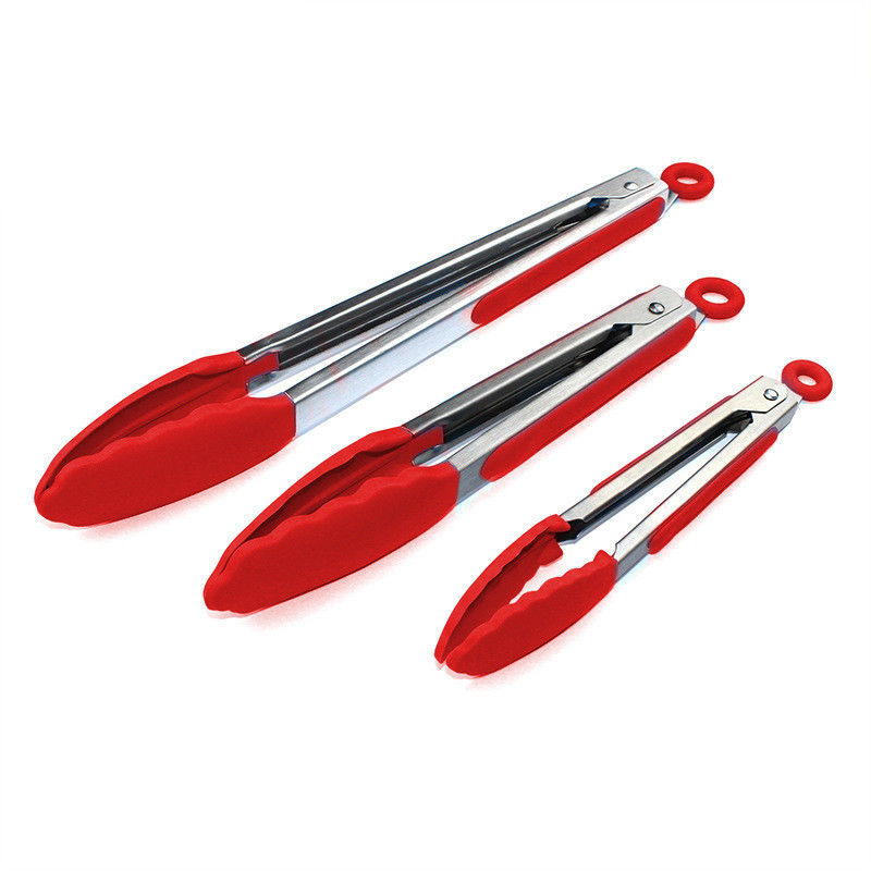 Clamps en silicone rouge Tongs de gril de cuisine en acier inoxydable pour camping en plein air Buffet BBQ