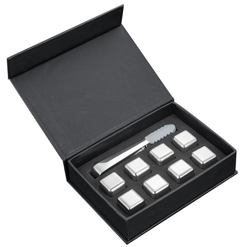 Design Whiskey Ice Stone Sets 8 PCS cubes en acier inoxydable avec Tong et boîte cadeau EVA